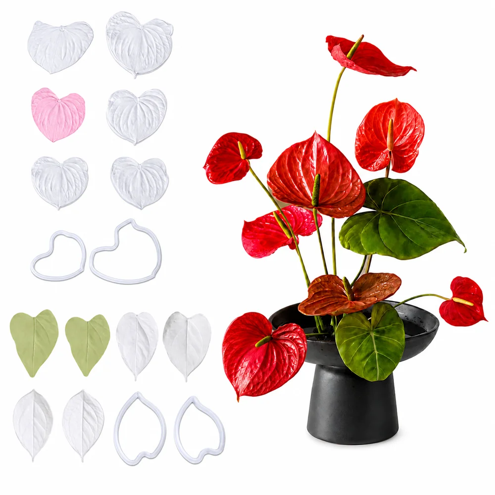 Anthurium Fondant Mold Set Anthurium Petal,Leaf Silicone Veining Mold With Plastic Cutters DIY Handicraft Gum Paste Plant