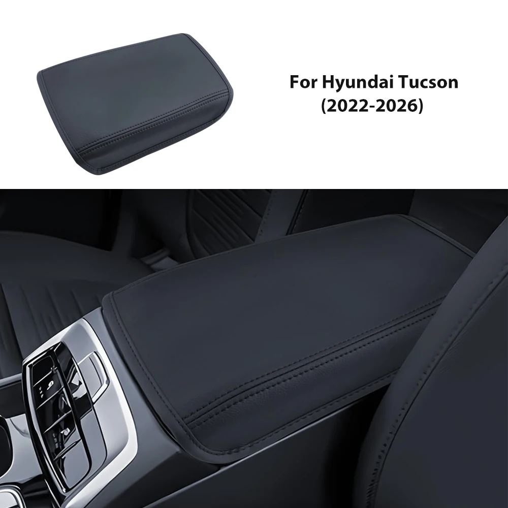 Premium Black Leather Center Console Armrest Cover For Hyundai Tucson 2022-2026 Anti-Scratch Waterproof Car Interior Accessories