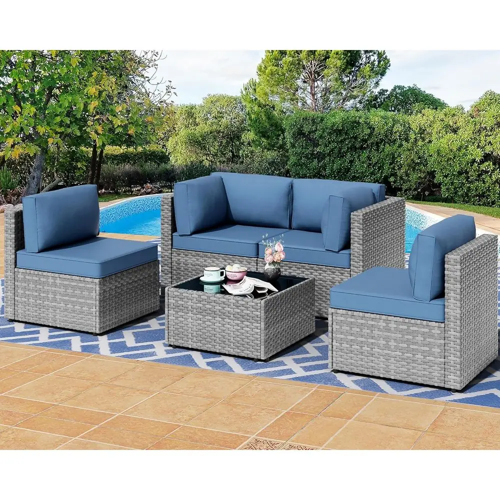 

Outdoor Patio Sectional Sofa Set, Silver Gray PE Wicker with Washable Cushions and Glass Coffee Table, Suitable for Garden, Pool