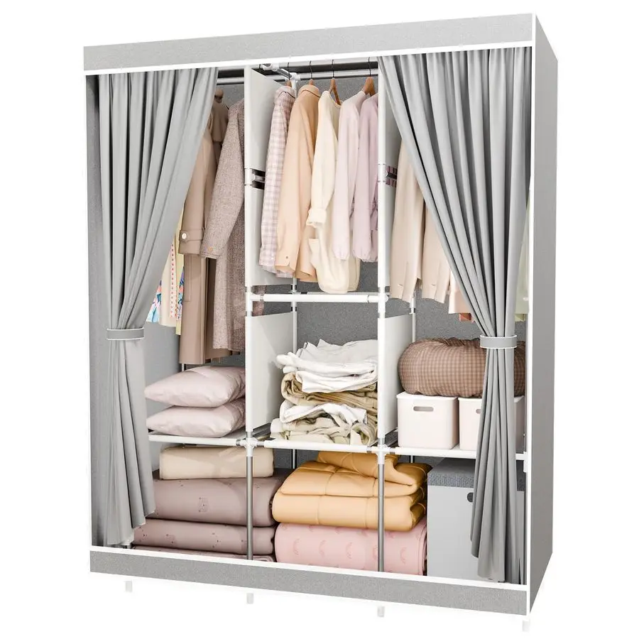 

Clothes Organizer with 3 Hanging Rod, Portable Closet Organizer with Cover amp Shelf, Storage Wardrobe Garment Cabinet 50x17x67,