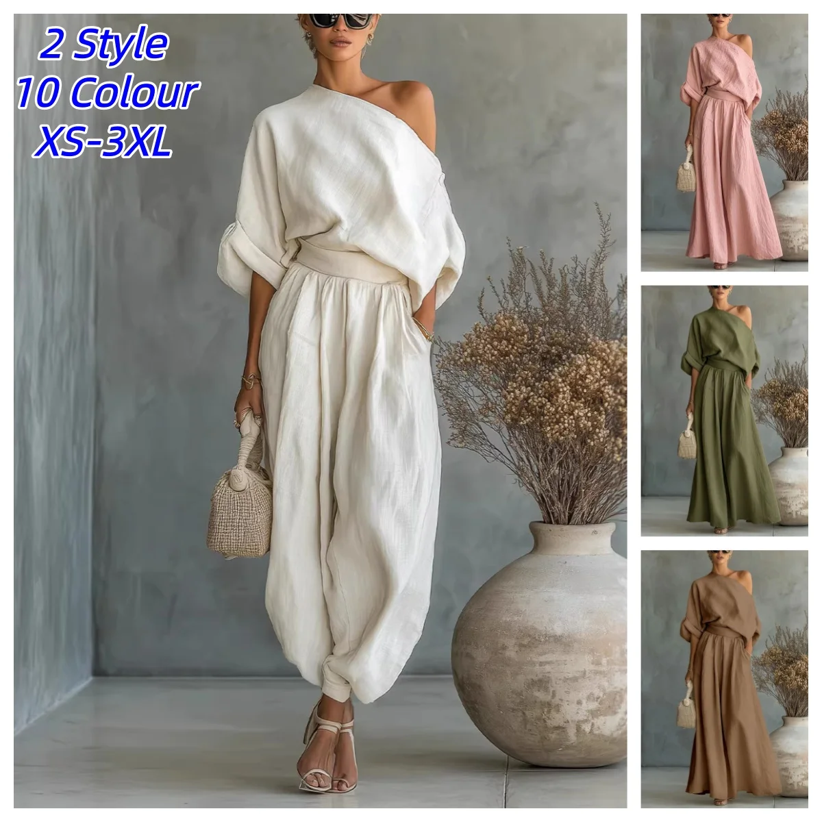 Elegant Skew Collar Long Sleeve Top & Casual Pants Set Woman Sexy Hollow Out Solid Suit Outfit Spring Fall Loose Female Clothing