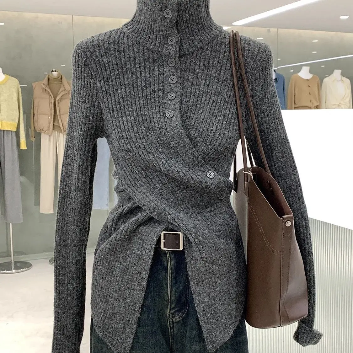 Korean Fashion Irregular Knitting Top Tee Ladies Trend All-match Pleated Buttons Solid Color Half Height Collar Pullovers Autumn