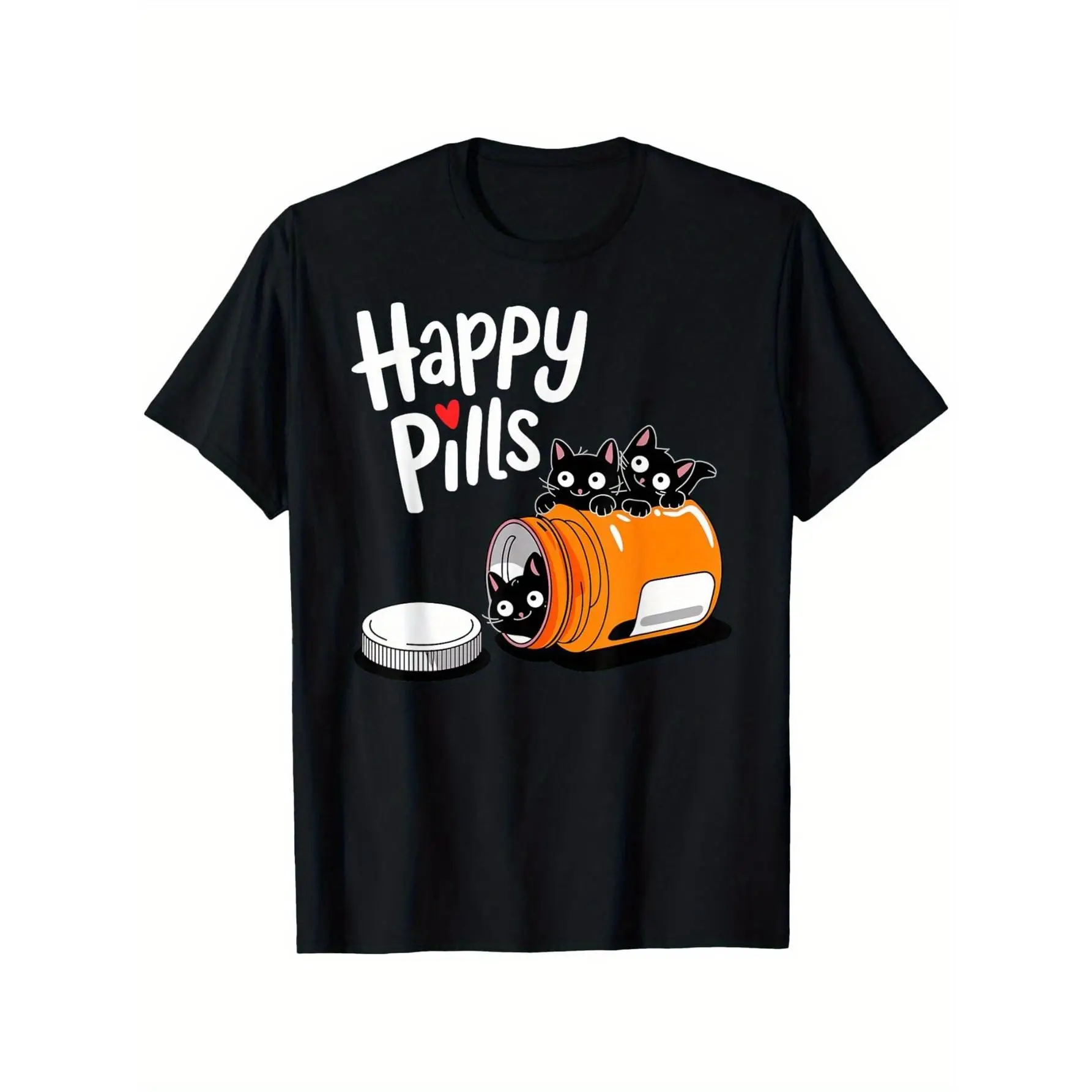 

Funny "Happy Pills" T-Shirt, Sarcastic Cat Graphic Tee, Men's Humorous Saying Top, Casual Streetwear, Cat Lover Gift