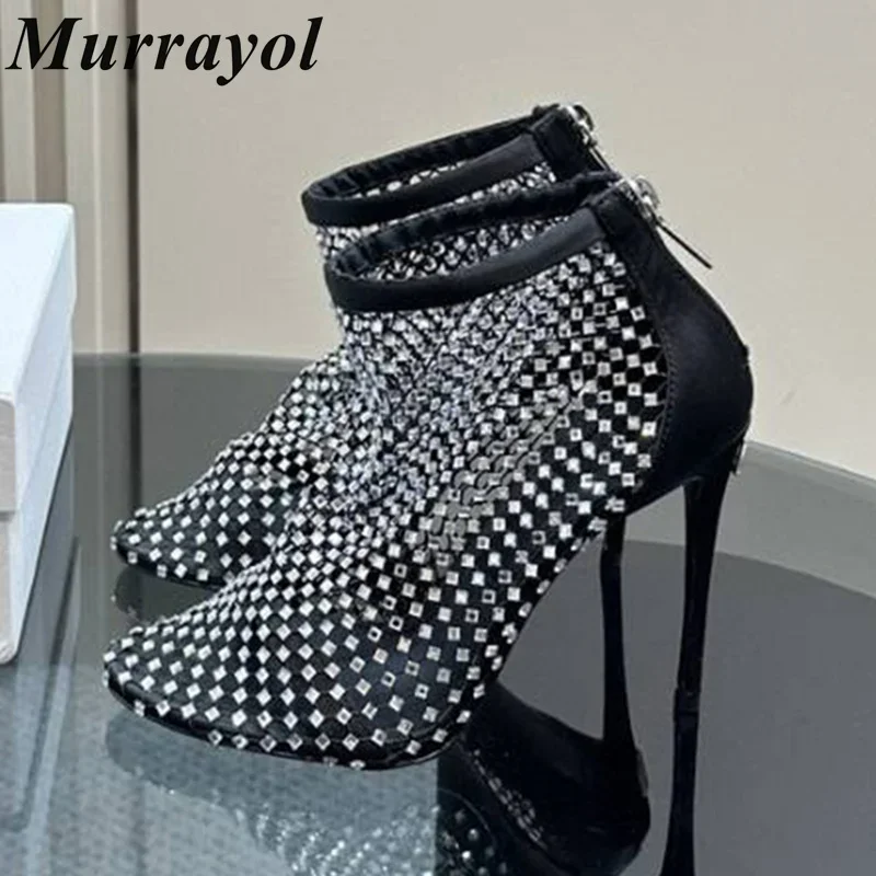 Rhinestone Decor Thin Heels Short Boots Women Pointed Toe Mesh Hollow Out  Ankle Boots  Summer Cool Boots Ballet Shoes Loafers