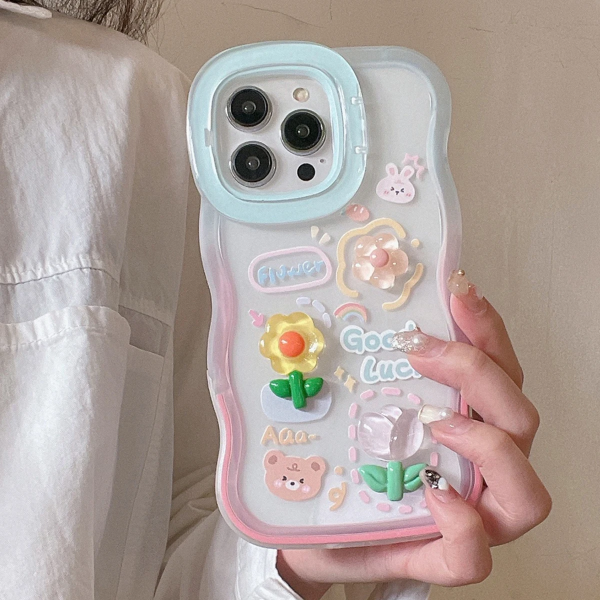 

Luxury Wavy Cartoon Transparent Stand Phone Case For iPhone 11 12 13 14 15 Pro Max 16 Plus Shockproof Holder Soft Bumper Cover