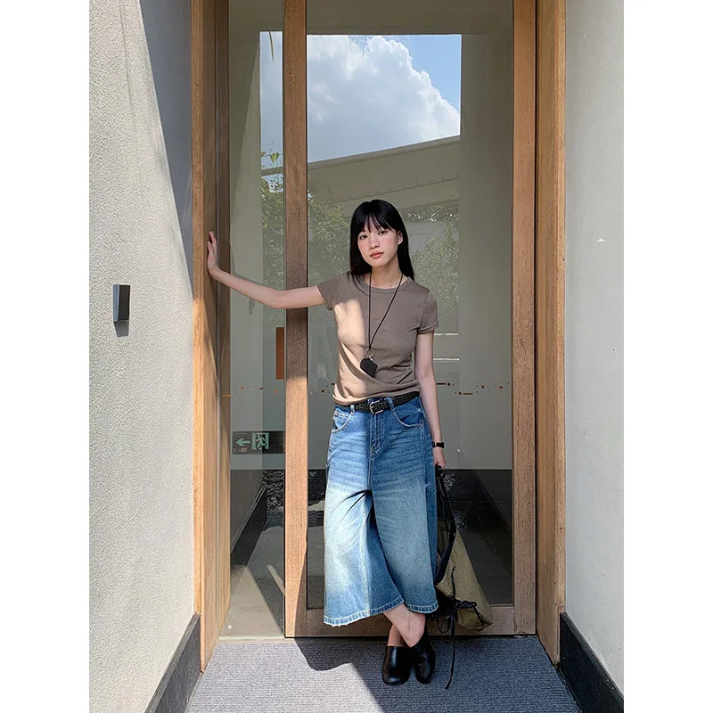 Benuynffy High Street Vintage Washed Cropped Jeans Women 2026 Summer New High Waisted Oversize Streetwear Wide Leg Capri Pants