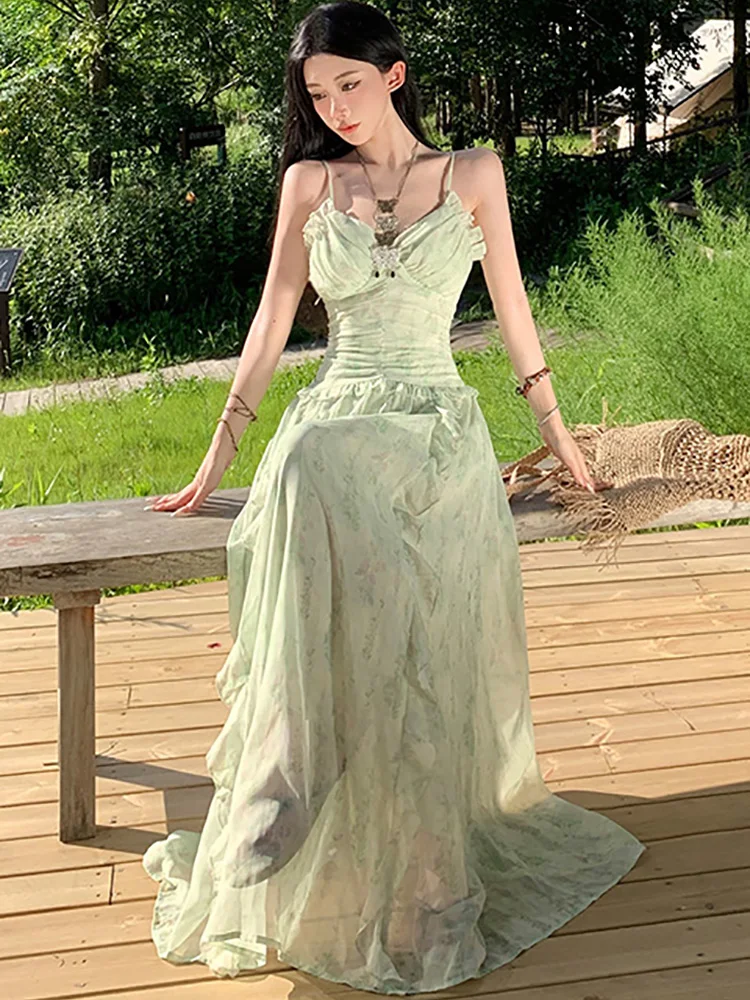 Frauen Grün Druck Chiffon Chic Rüschen Schlinge Sexy Lange Kleid 2025, Koreanische Mode, Figurbetontes Urlaub Kleid Frauen Elegante Casual Robe