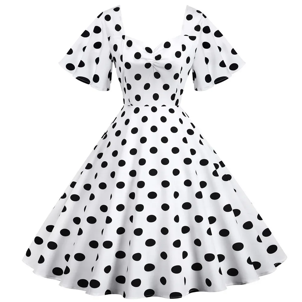 Women Summer Dress Butterfly Sleeve Swing Vintage Dresses Robe Femme Elegant Green Polka Dot Party Sundress Jurken