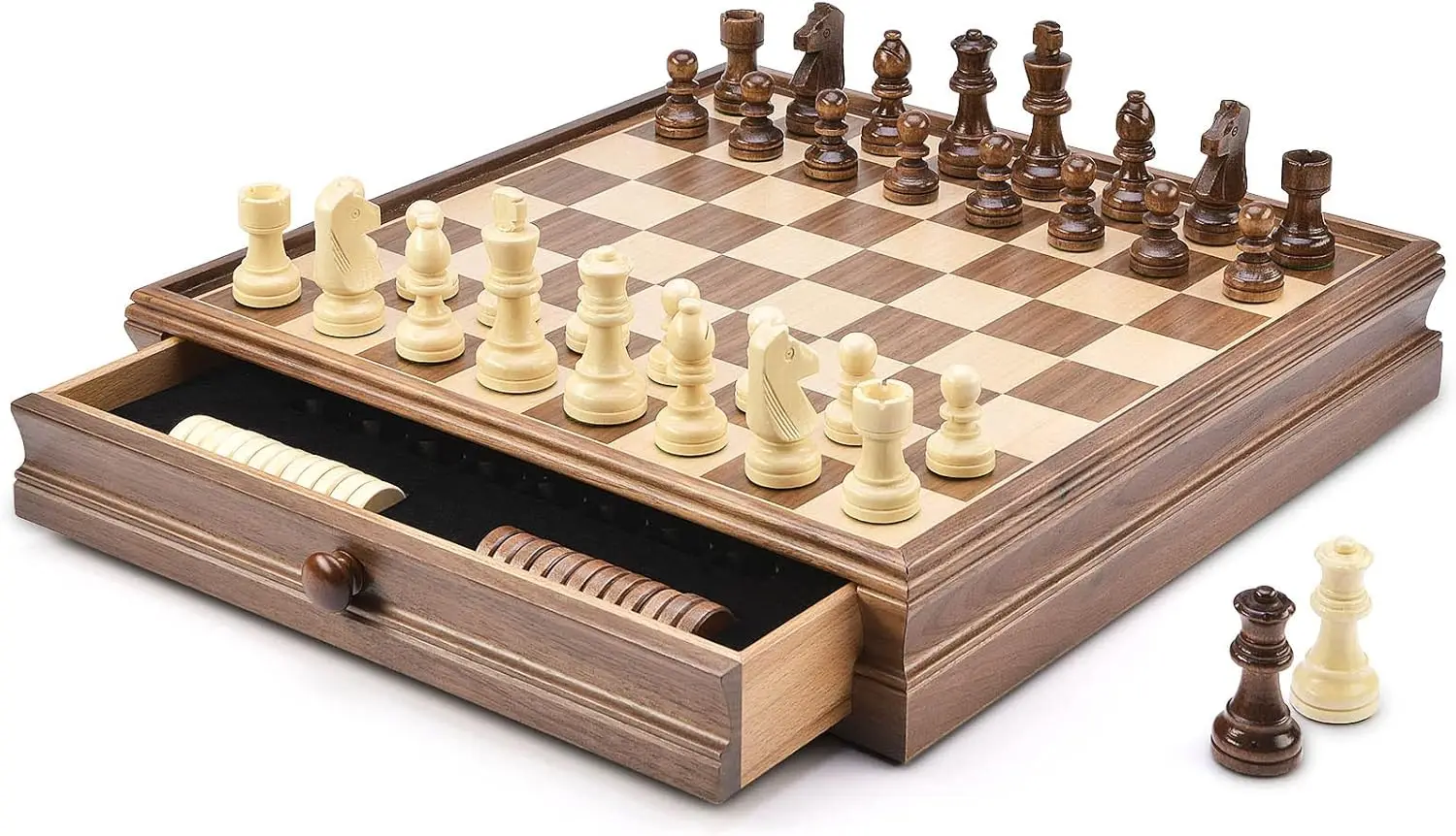 

15" x 15" Wooden Chess & Checkers Set with Storage Drawer, Weighted Chess Pieces, 2 Extra Queens, 24 Checkers, Classic 2-in-1 Board Game
