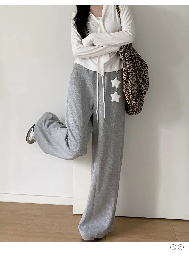 Fashion New Cool Straight Wide-Leg Stretchy Draped Autumn Winter Sweatpants Black Gray Slimming Trousers With Pendant For Ladies
