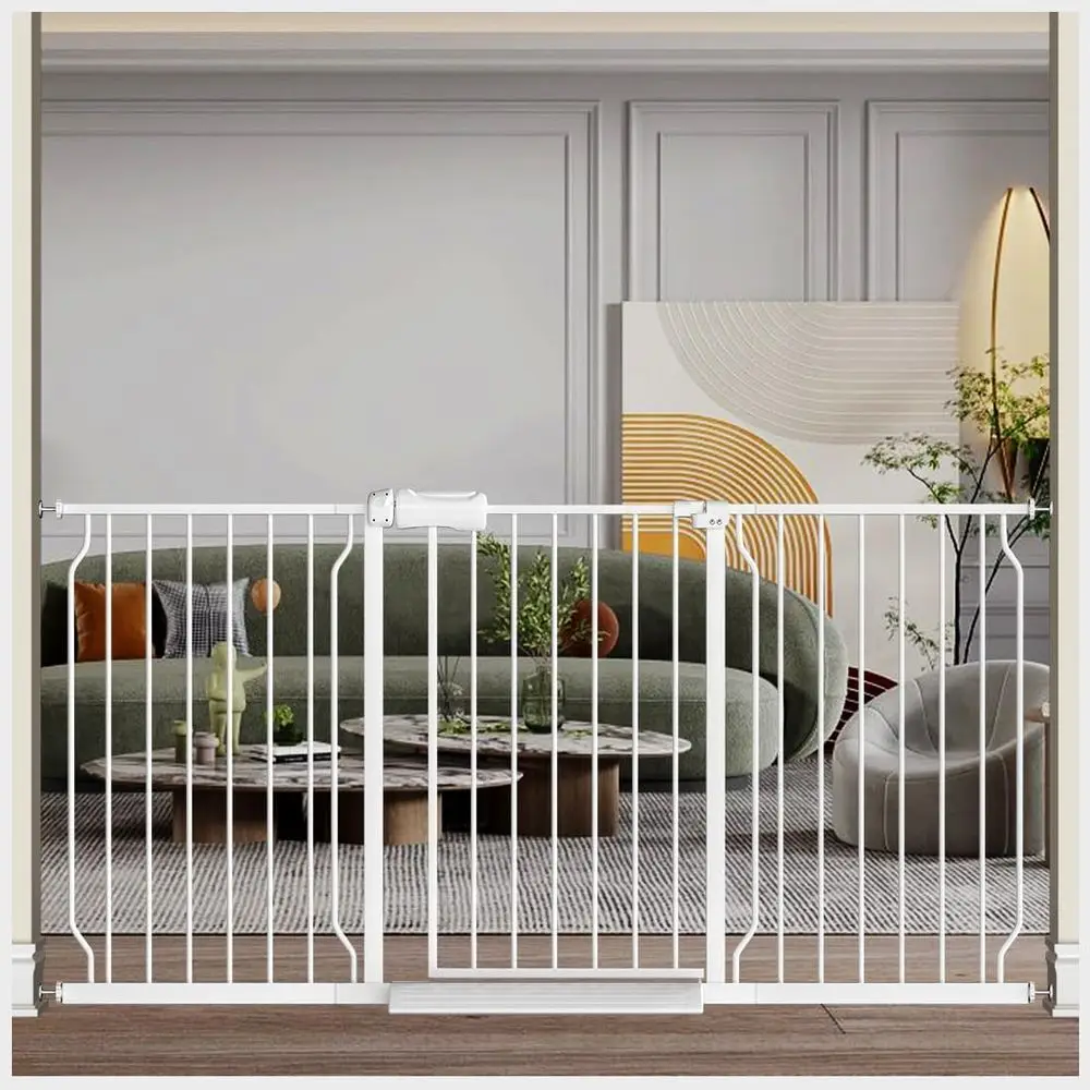 

White Auto-Close Baby Gate, 57.5-62 Inch Wide, with Extension Kit for Doorways and Bedrooms