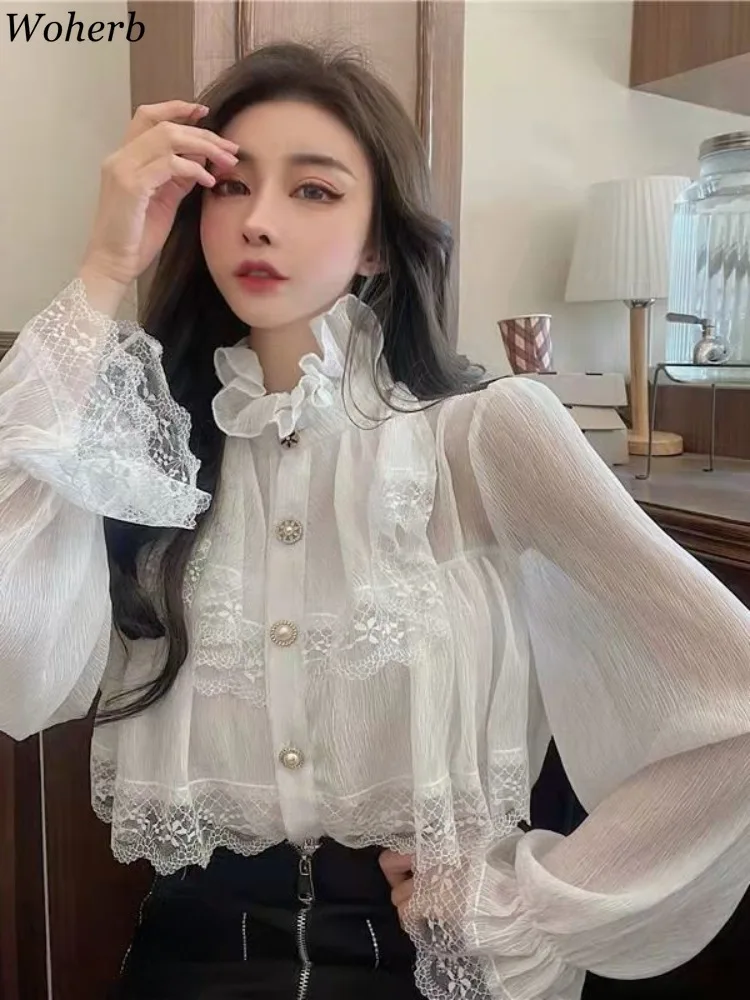 Temperament Ladies Tops Flare Sleeve White Lace Embroidery Blouse for Women 2024 Blusas Mujer De Moda Stand Neck Ruffles Shirt