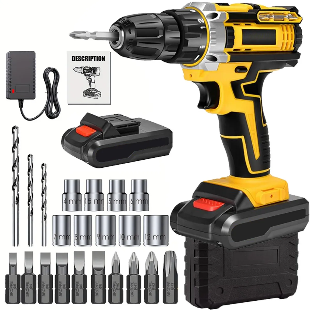 Conjunto de broca sem fio de íon de lítio com bateria e carregador mandril sem chave ajuste de velocidade variável configurações de engrenagem ferramenta elétrica doméstica