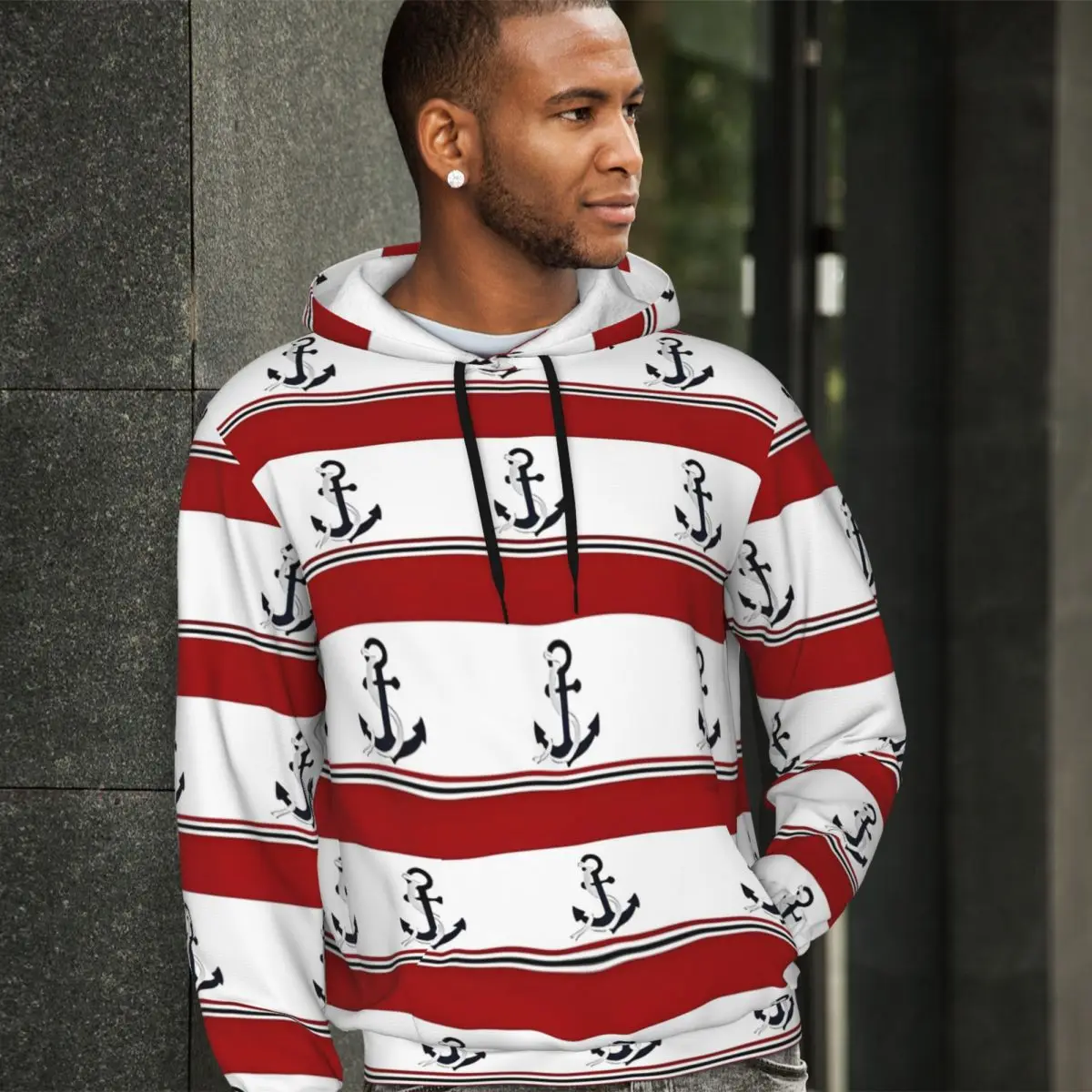 Nautical Anchor Loose Hoodies Man red blue white stripes Casual Pullover Hoodie Winter Harajuku Classic Sweatshirts Plus Size