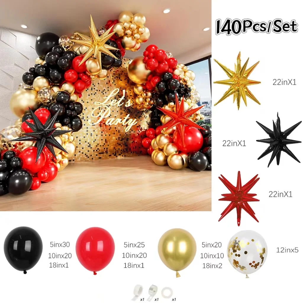 140PCS Red Black Gold Balloons Garland Arch kit with 3pcs Starburst Balloons New Years Movie Night Birthday Party Decorations