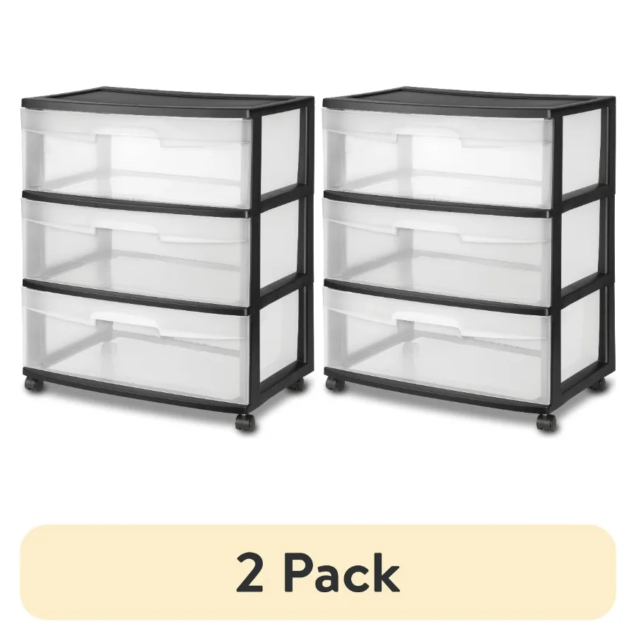 

(2 pack) Sterilite Storage Drawer, 3 Drawer Wide Plastic Storage Cart with Clear Pull Out Drawers, Black