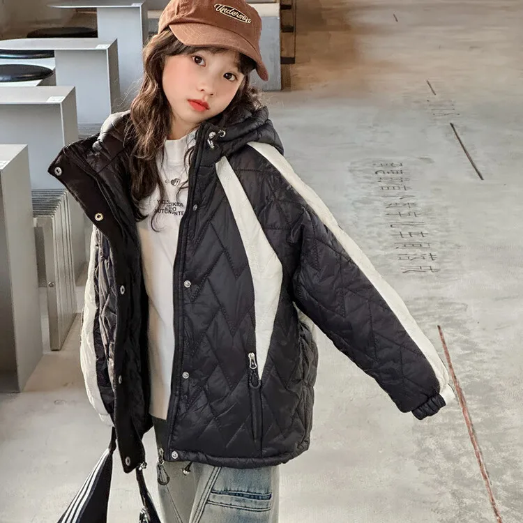 Girl's color blocked spliced cotton jacket for winter, new double layered thick lining with cotton hooded cotton jacket, trendy