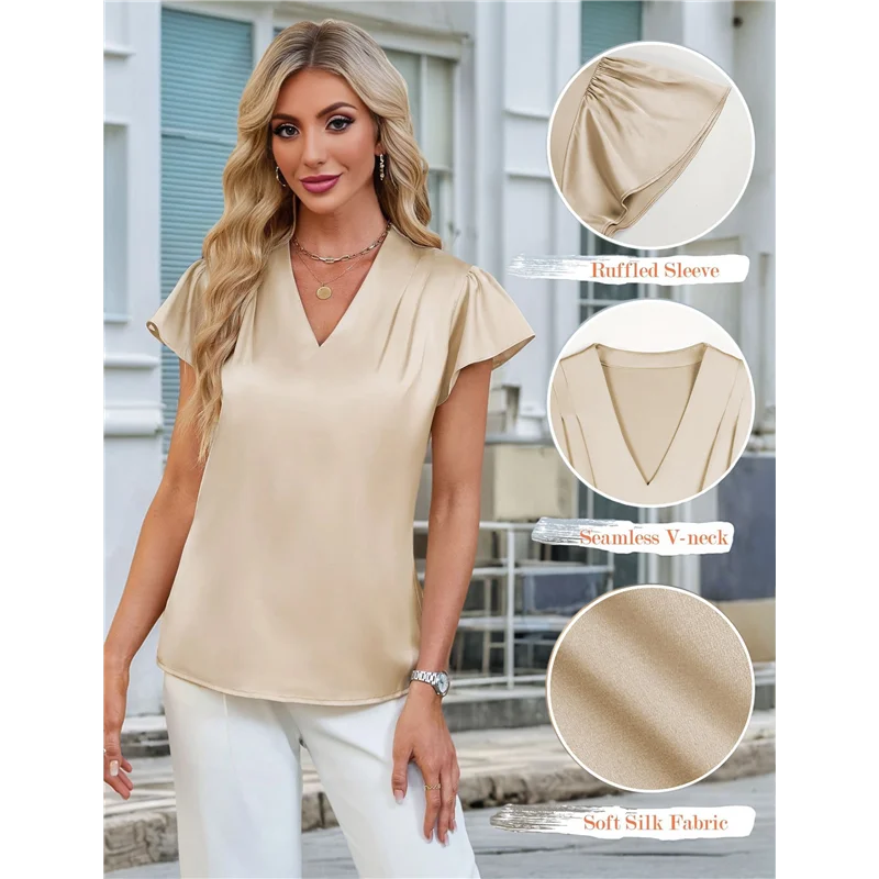 A83F-Damen Seide Elegante Casual Business Bluse Rüschenärmel Tops Sommer V-Ausschnitt Plissee Arbeitshemden
