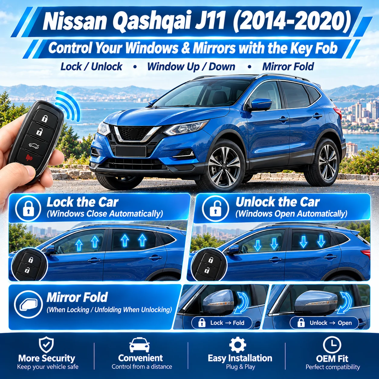 Suitable for Nissan Qashqai J11 (2014–2020): automatic window roll-up and side mirror folding upon locking.