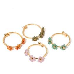 Cute Pink Zircon Flower Rings for Women Stainless Steel Jewelry Female Summer Accessories Open Adjustable Couple Rings Gift