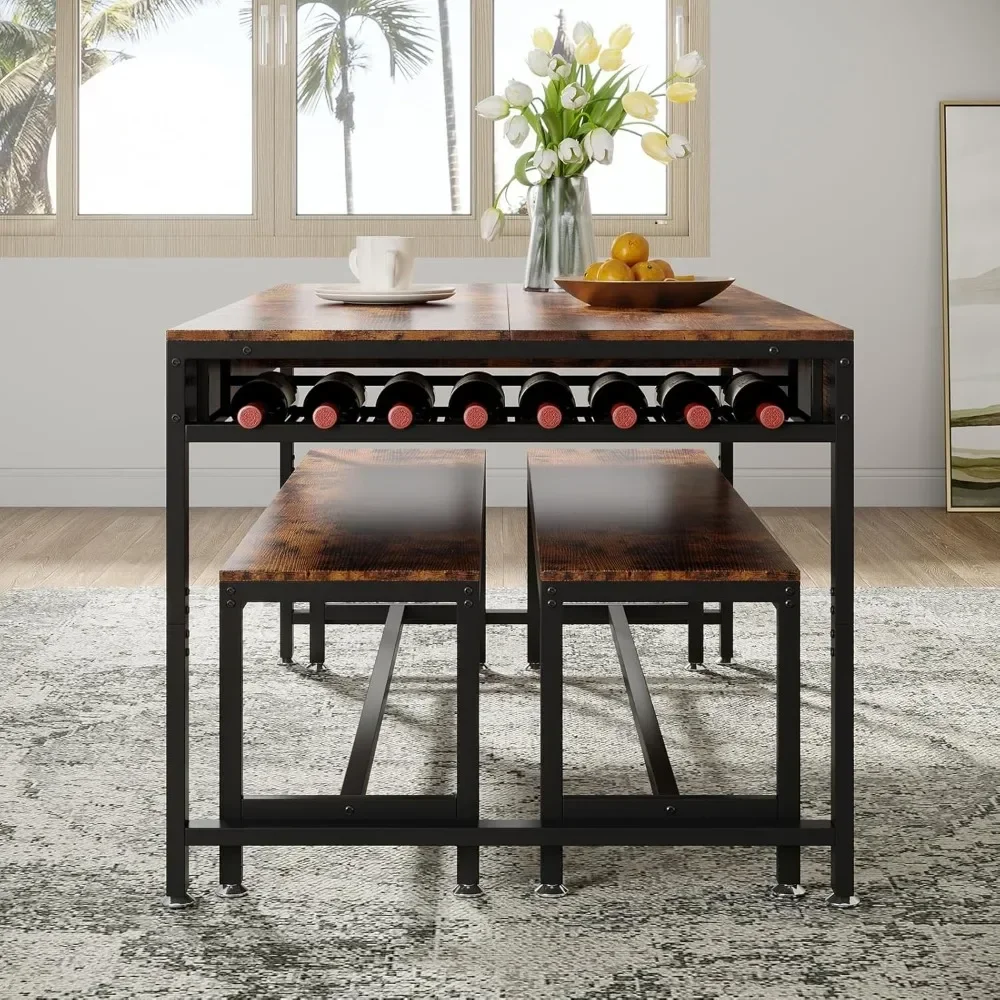 Conjunto de mesa de jantar de 63" para 4-6 com 2 gavetas de utensílio, 2 bancos e rack de vinho, com estrutura de metal e placa de MDF