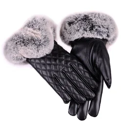 Guantes cálidos de piel gruesa para mujer, manoplas elegantes de marca, talla libre, piel de conejo, Invierno