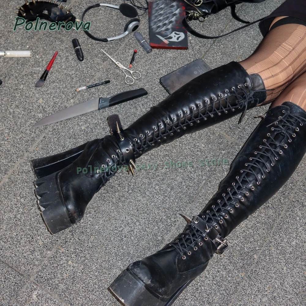 Women's Spike Stud Knee High Boots Black Lace Up Platform Punk Gothic Thick Sole Y2K Rave Festival Long Boots Street Style 2026