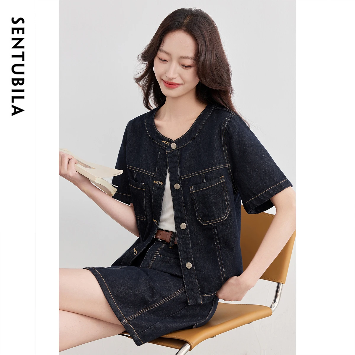 SENTUBILA Women's Short Sleeve Denim Jacket 2025 New Collection Woman Blue Cowboy Jackets Summer Outerwear Ladies Coat W52WD1926