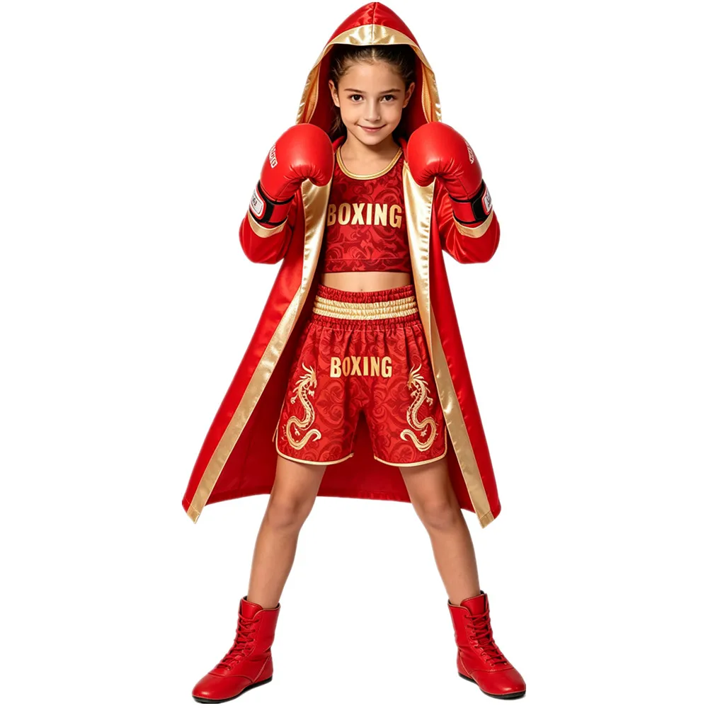 Kids Boxing Fighting Outfit Metallic Trim Long Sleeve Pugilism Hooded Robe with Belt Crop Vest Shorts Halloween Boxer Costume