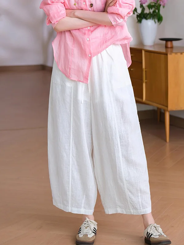 

Новые летние льняные брюки больших размеров с эффектом похудения, на резинке, с поясом, свободные, повседневные, укороченные, женские, прямого кроя