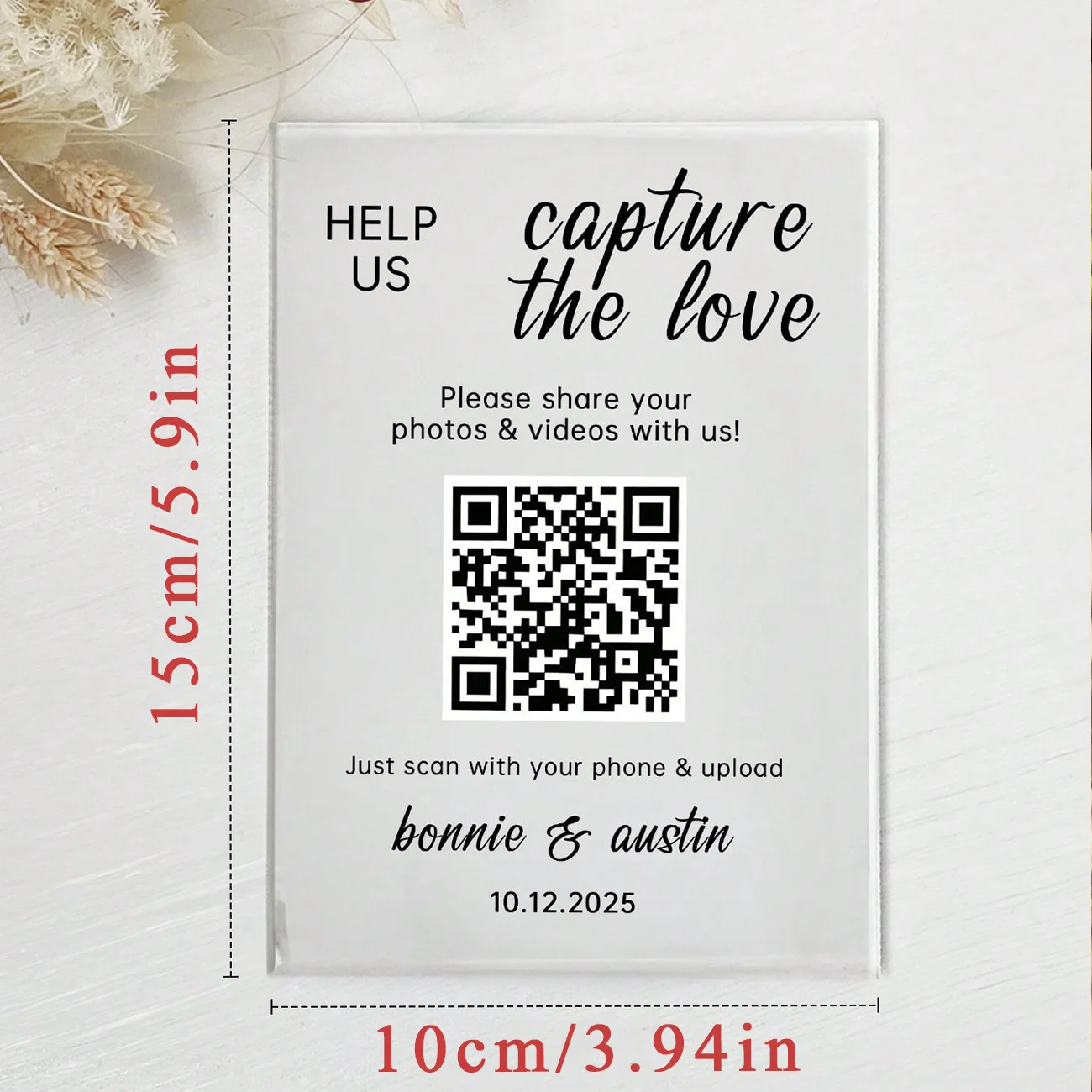 Custom QR Code Acrylic Sign Plaque, Personalized Custom Names Date Text Photo Sharing Board, Wedding Party Tabletop Decor Guest