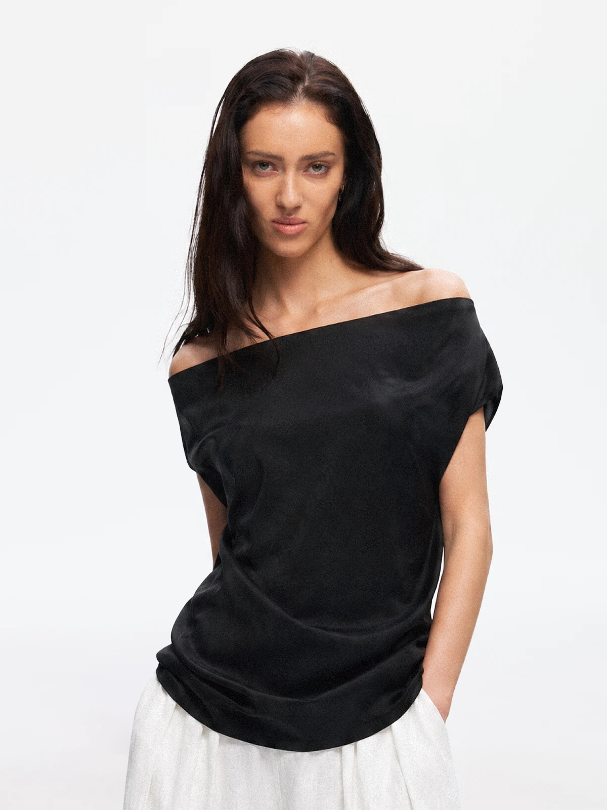 TDDP Acetate Fiber Short Sleeve T-Shirt Women's Two-Way Wear Slant Shoulder One-Shoulder Design Summer High Intelligence Top