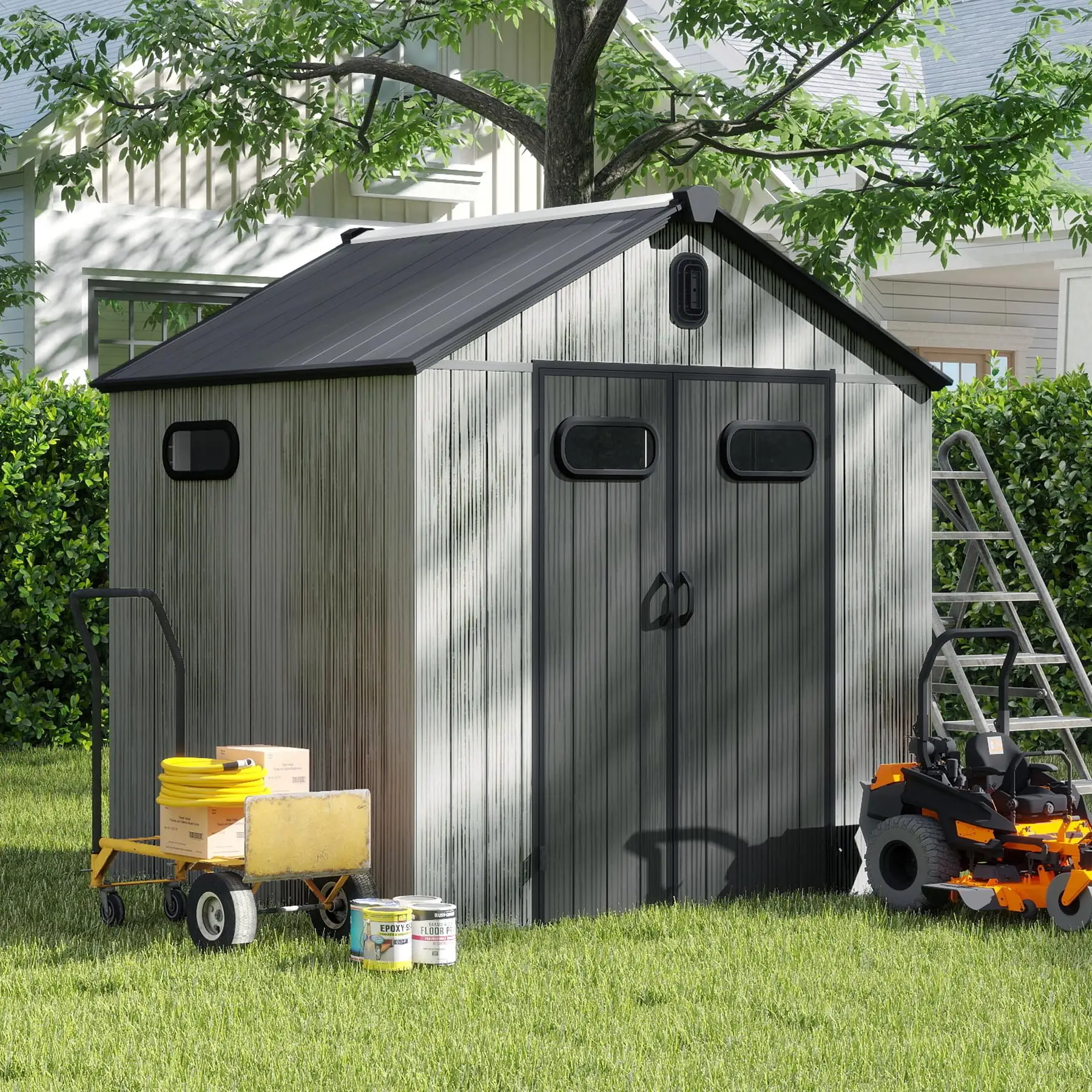 ！@6X6 FT Durable Outdoor Resin Storage Shed with Lockable Door Windows Vents Waterproof Plastic Garden Tool Shed