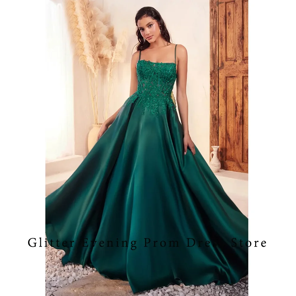 Green Fashion Sexy Prom Dresses For Women A-Line Square Collar Appliques Backless Satin Custom Made Birthday Evening Party Grows