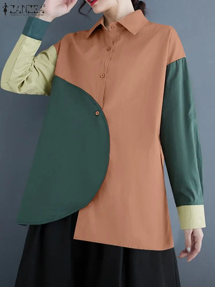 ZANZEA-Blusa de manga larga para mujer, camisa de bloque de color, Tops irregulares de retazos, Túnica con botones de moda coreana, Otoño, 2024