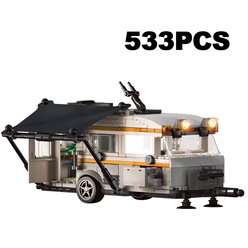 533-delige City Series aanhanger camper bouwstenen, sleepbare camping campermodel, campervan voertuigen, bouwstenen speelgoed cadeau voor volwassenen