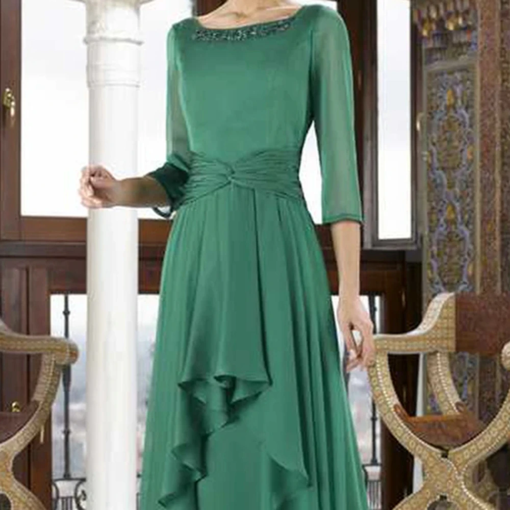 Square Neck Half Sleeves Mother of The Bride Dresses Customized Green Pleat Tiered A-line Floor Length Mother Long Dress