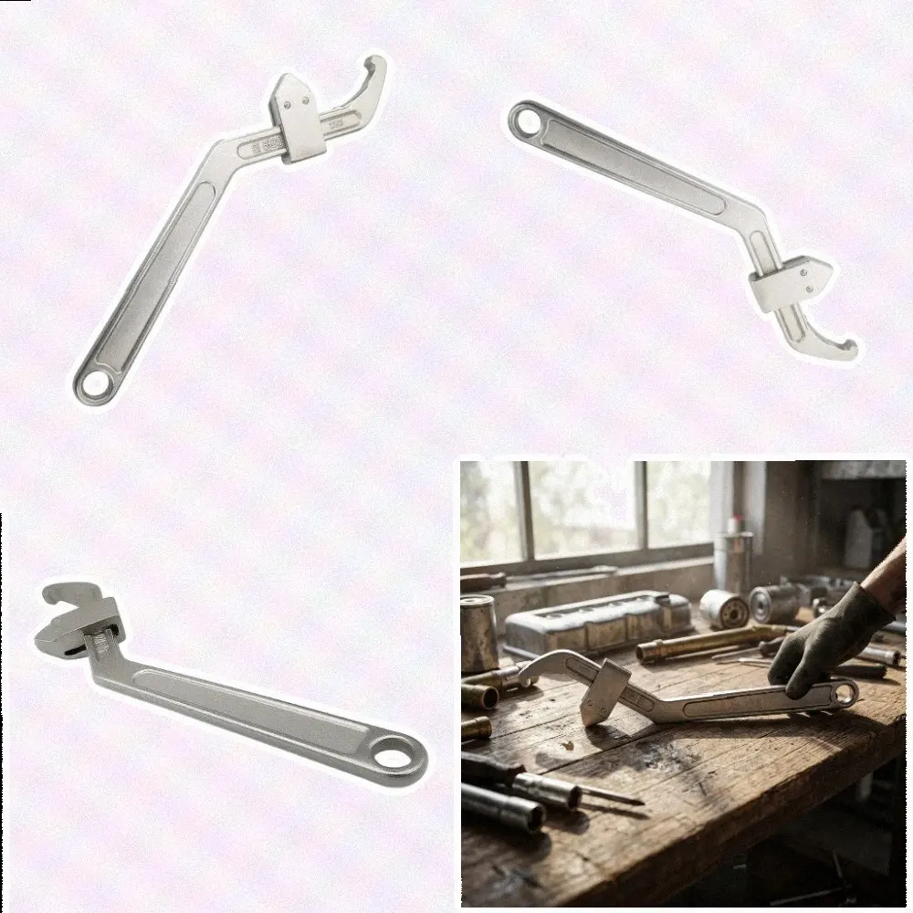 Adjustable For Crescent Wrench Moon Shaped Hook Head For Shock Absorber Round Nut Plumbing Auto Repair Alloy Spanner Tool Silver