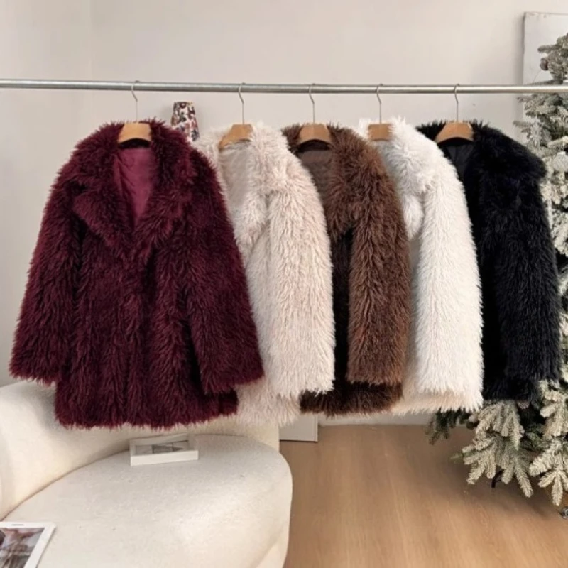 Biała kurtka z imitacji futra z klapami, luźna damska zimowa futrzana kurtka, puszysta imitacja lisa, ciepłe stylowe pluszowe płaszcze, luksusowe płaszcze wierzchnie.