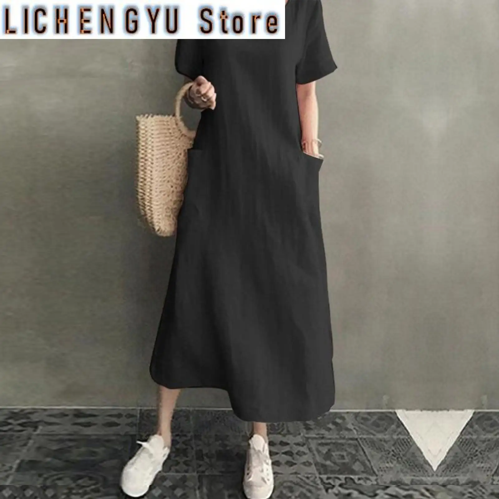

Summer Dresses Qutfits Causal Dress Short Sleeved Cotton Linen V Neck Dress With Pocket Loose Comfy Dresses Vestidos