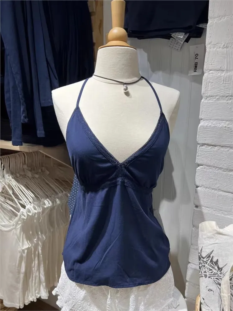 New Navy Lace-up Halter Tank Tops Women Casual V-neck Lace Trim Backless Cotton Camisole Vintage  Preppy Style Crop Top Y2K