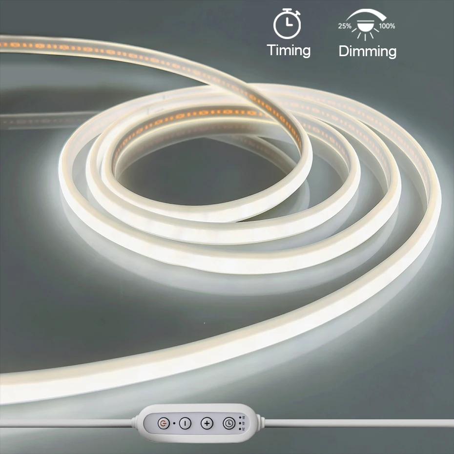 Dimmable COB LED Neon Strip Light with Timing Dimmer Power Plug 220V 110V 288LED Flexible Tape Lamp Waterproof Liner Lighting