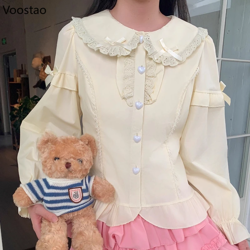 

Lolita Shirt Japanese Kawaii Peter Pan Collar Lolita Blouses Women Sweet Bow Ruffles Long Sleeve Tops Autumn Girls Cute Shirts