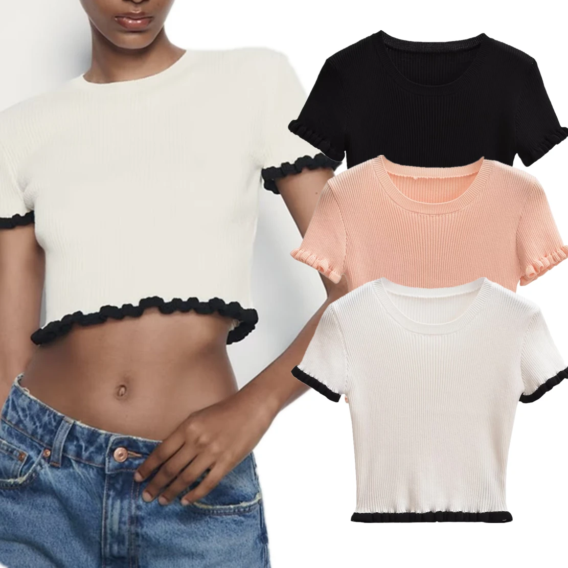 

Dave&Di Ins Fashion Blogger High Street Sexy Crop Top Basic Knitted Ribbed Summer T-shirt Female