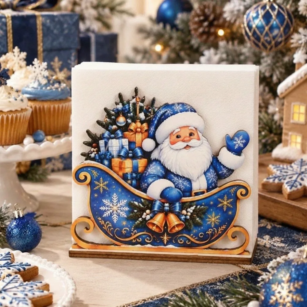 Santa Claus Santa Napkin Holder Blue Wooden Christmas ornaments Cartoon Decorative Desktop Tissue Box Table Decor