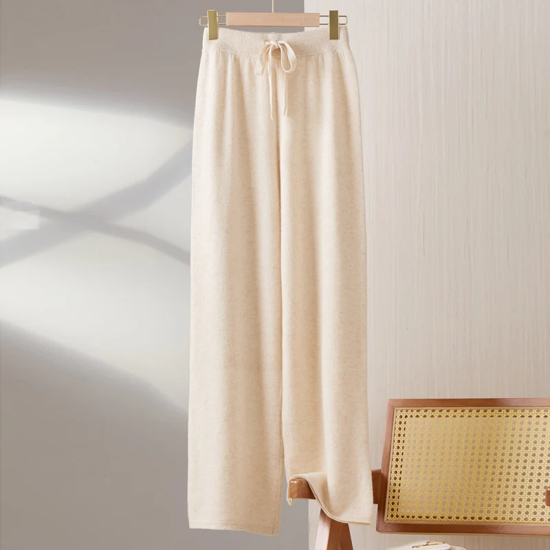 

New cashmere wide leg pants for women in autumn and winter high waisted thick straight leg pants pure wool knitted outer pants