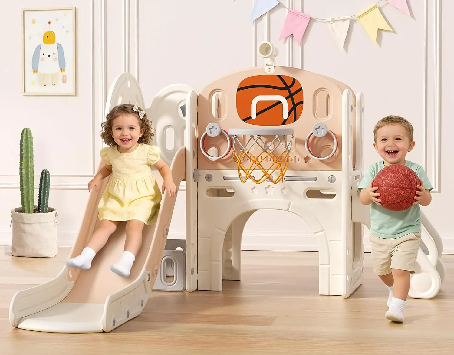 

9-in-1 Toddler Slide with Basketball Hoop & Ring Toss, Indoor Outdoor Playset for Ages 1-3, Beige