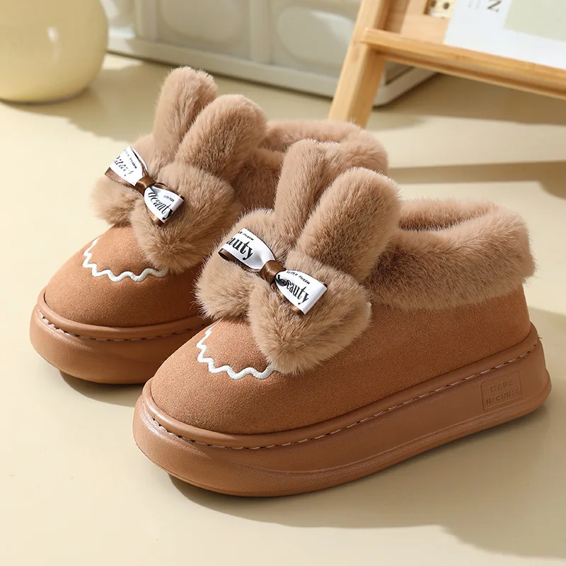 Winter Faux Suede Cotton Slippers for Women's Winter Home Rabbit Bow Cotton Slippers for Warmth, New Thick Soled Princess Style