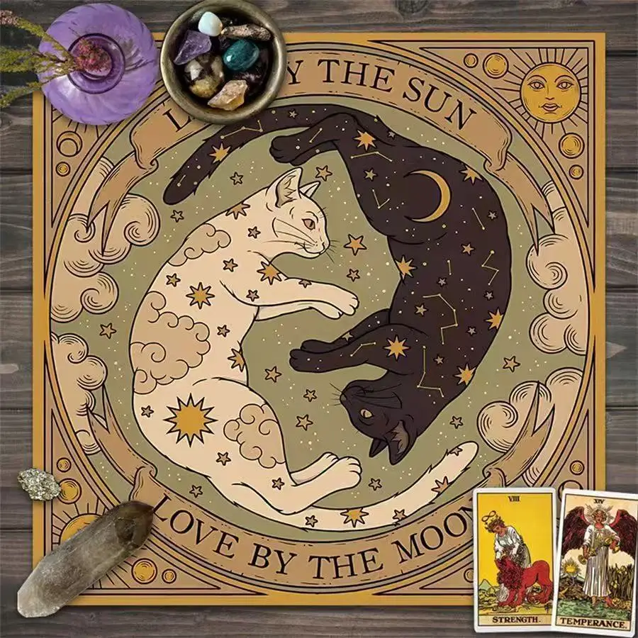 New Mysterious Cat Moon Phase Energy Symbol Altar Cloth Five Star Tarot Black Oracle Pad Tarot Waterproof Polyester Tablecloth