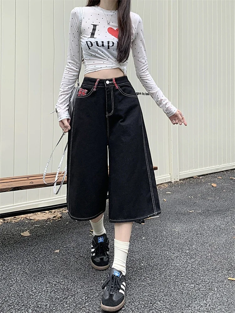 Harajuku Vintage High Waist Black Retro Washed Denim Shorts Women's Fashion Casual Loose Fit Y2K Streetwear Mid Long Short